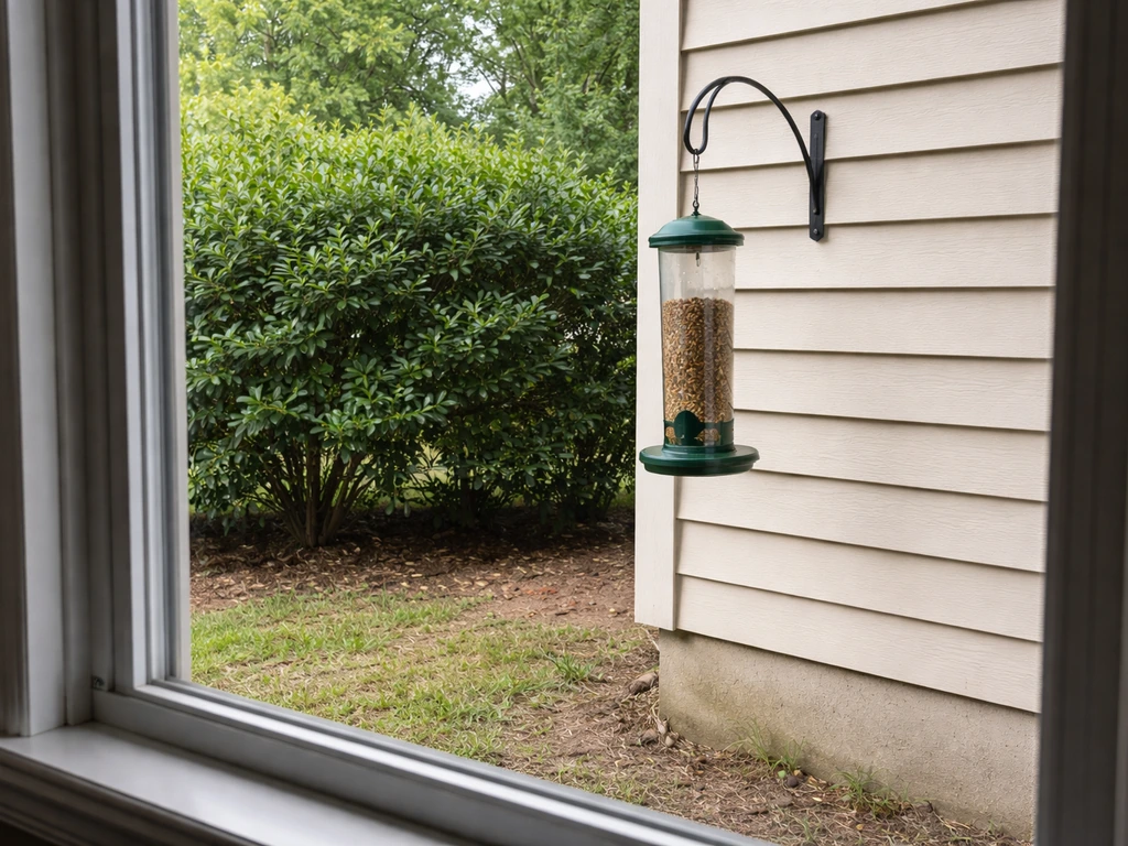 Backyard window and a bird feeder hanging about 5 feet high near shrubs for safe approach cover.