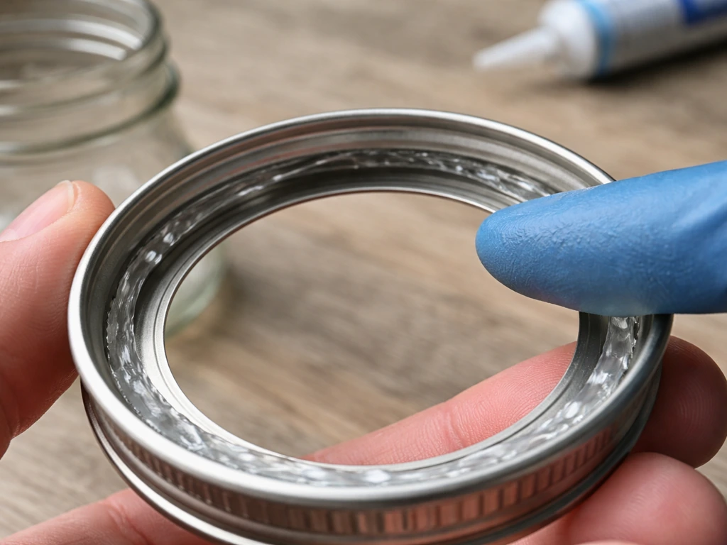 Close-up of applying waterproof silicone along the inside edge of a mason jar lid ring to block water.