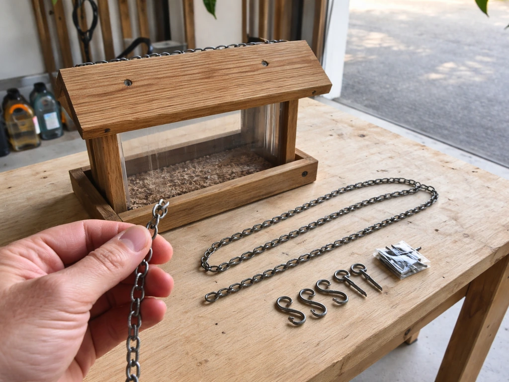 Bird feeder disassembled on a clean work surface, old seed removed, hardware inspected for rust and fraying.
