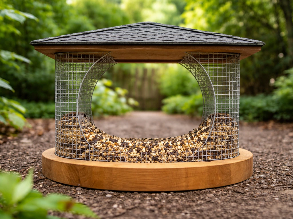 Completed ring-style bird feeder filled with seed in a backyard garden yard.