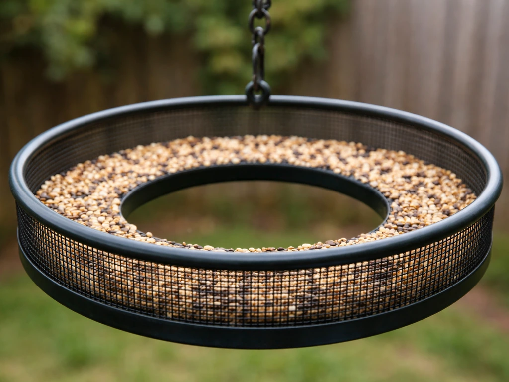 Close-up of a ring-style bird feeder with mesh perimeter where birds land to feed