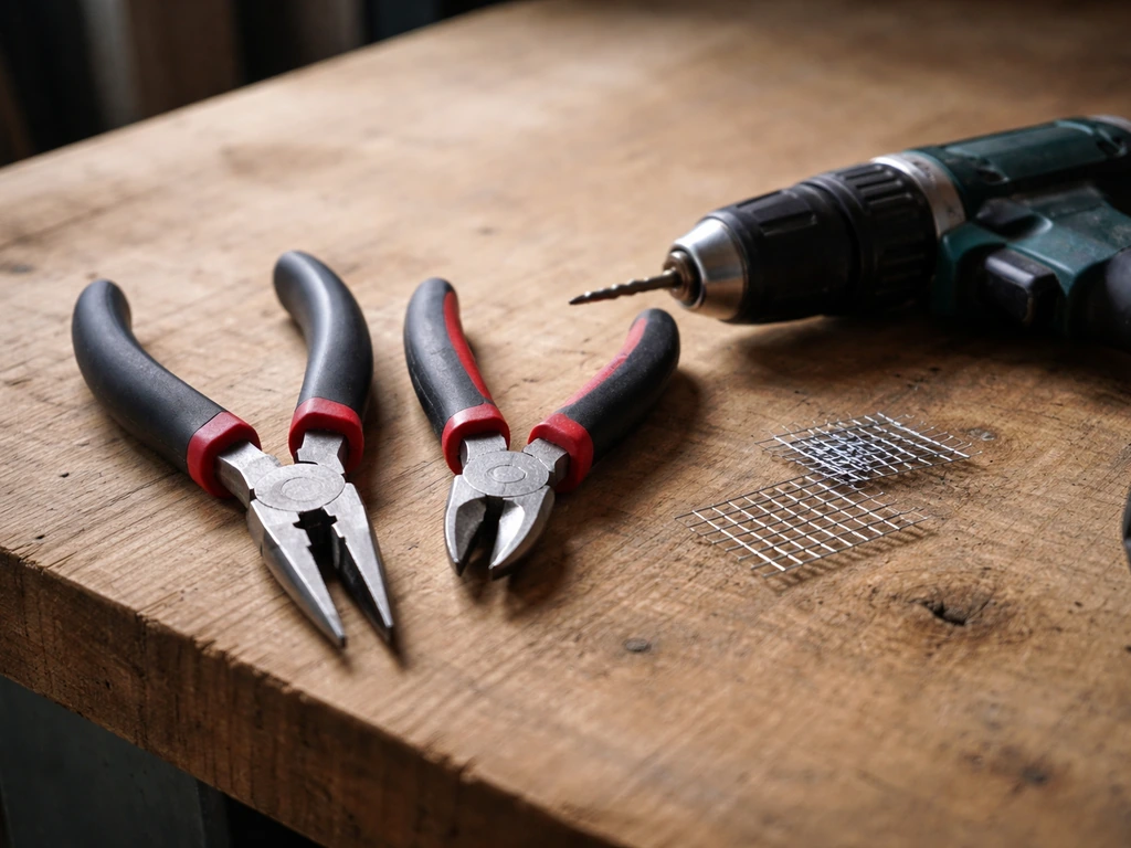 Close-up of wire cutters, needle-nose pliers, and a drill with small bit on a workbench