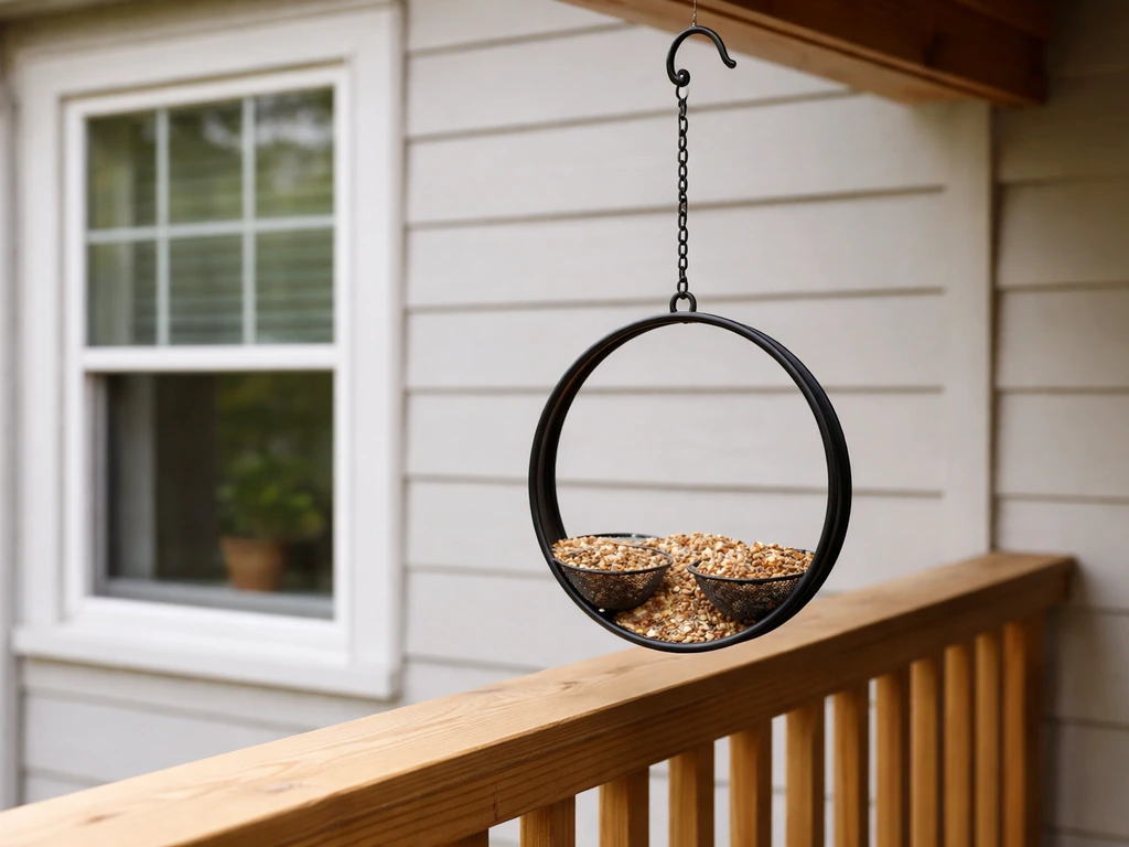 Ring bird feeder hung 4–5 feet high with clear space from a nearby window