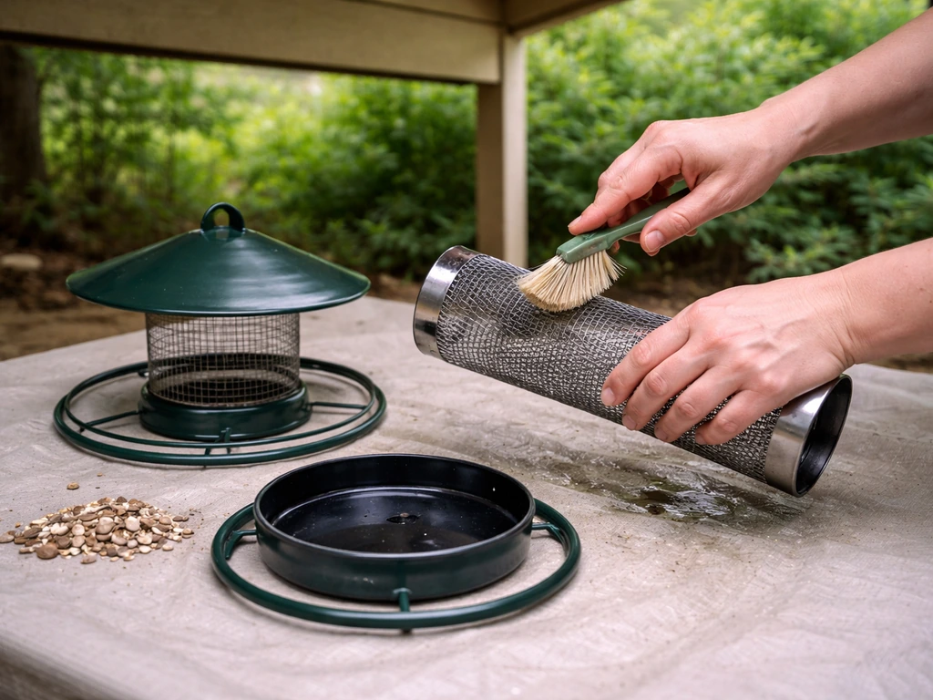 Hands brush and rinse a ring bird feeder parts over a tarp under a covered overhang, mesh cleaned and ready.