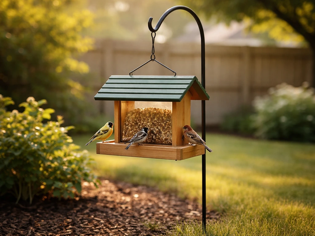 Sunlit backyard bird feeder on a hook with a few small birds perched and feeding