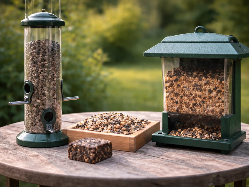 Close-up of three bird feeders with matching foods: tube feeder with sunflower seeds, platform with suet, hopper with mi
