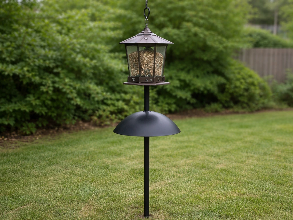 A hanging bird feeder mounted on a freestanding pole with a baffle, aligned straight and wobble-free.