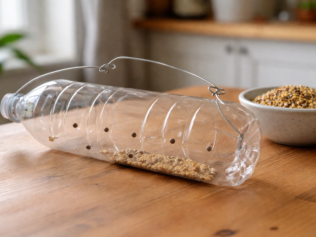 Plastic bottle DIY bird feeder with drilled feeding holes, resting ready to fill with seed.