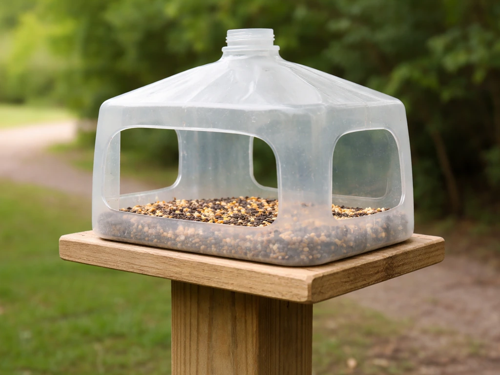 Close-up of a DIY milk jug platform feeder with side windows and covered seed tray on a post.