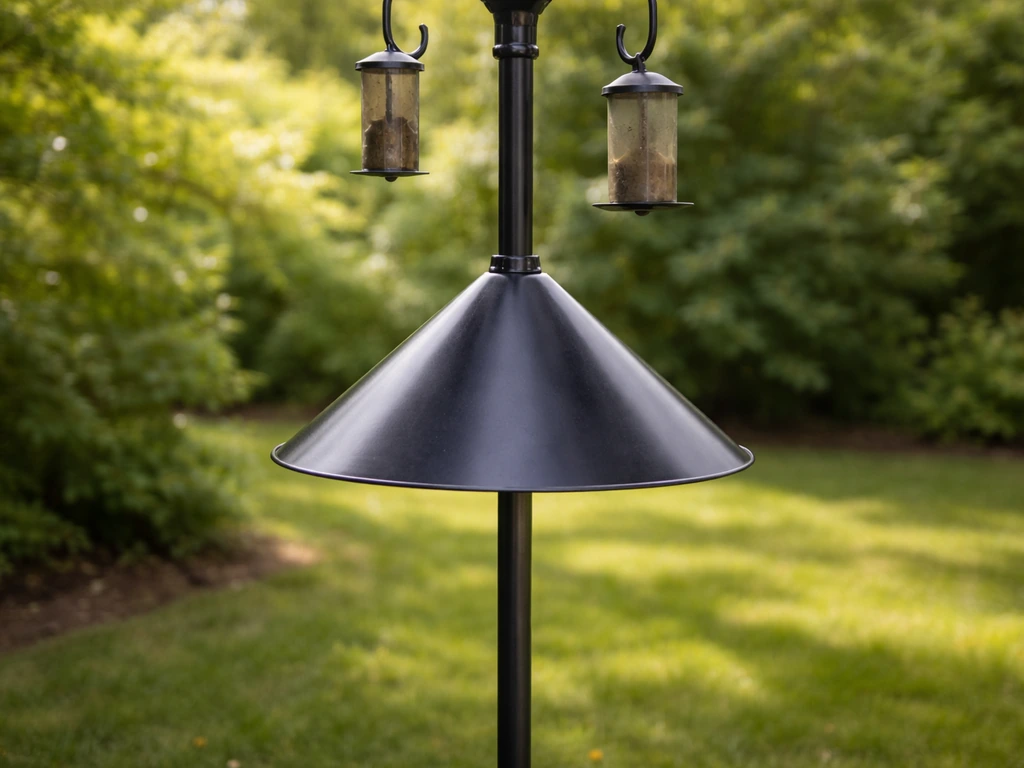 Close-up of a bird feeder pole with a metal cone baffle blocking animal access in a backyard garden.