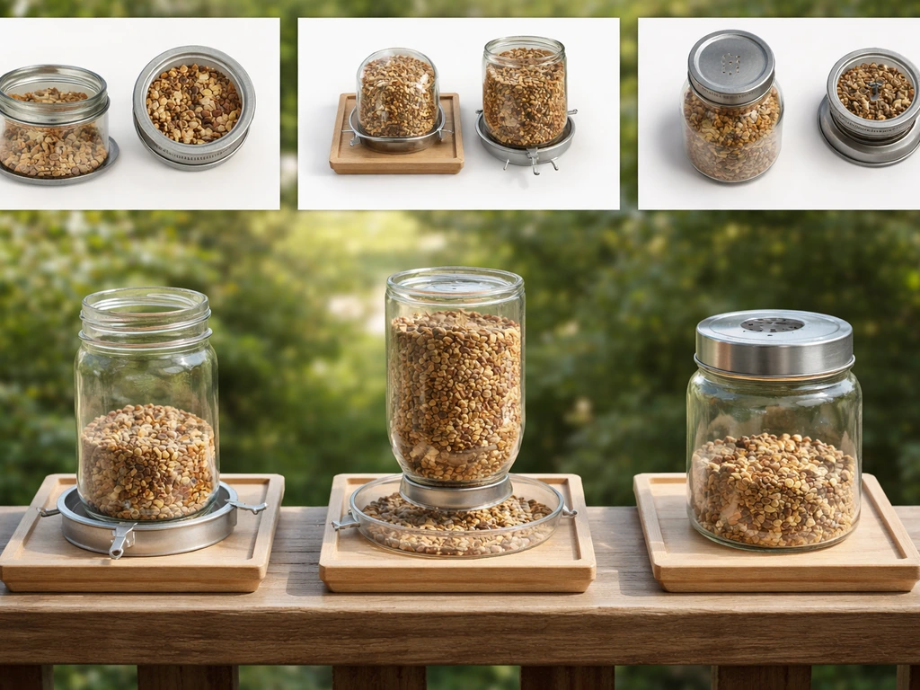 Three DIY bird feeders on a porch: wide-mouth jar, inverted jar with tray, and lidded storage container.