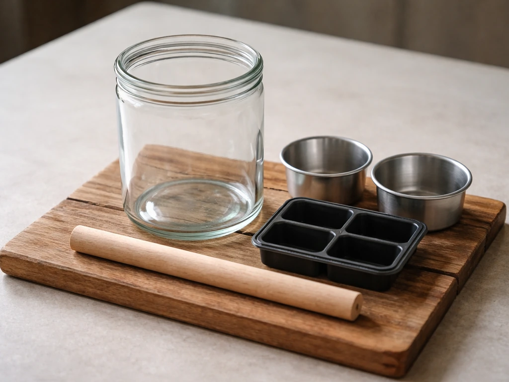 Close-up of a glass jar, weathered wooden tray, food-safe seed tray pieces, and a perch dowel