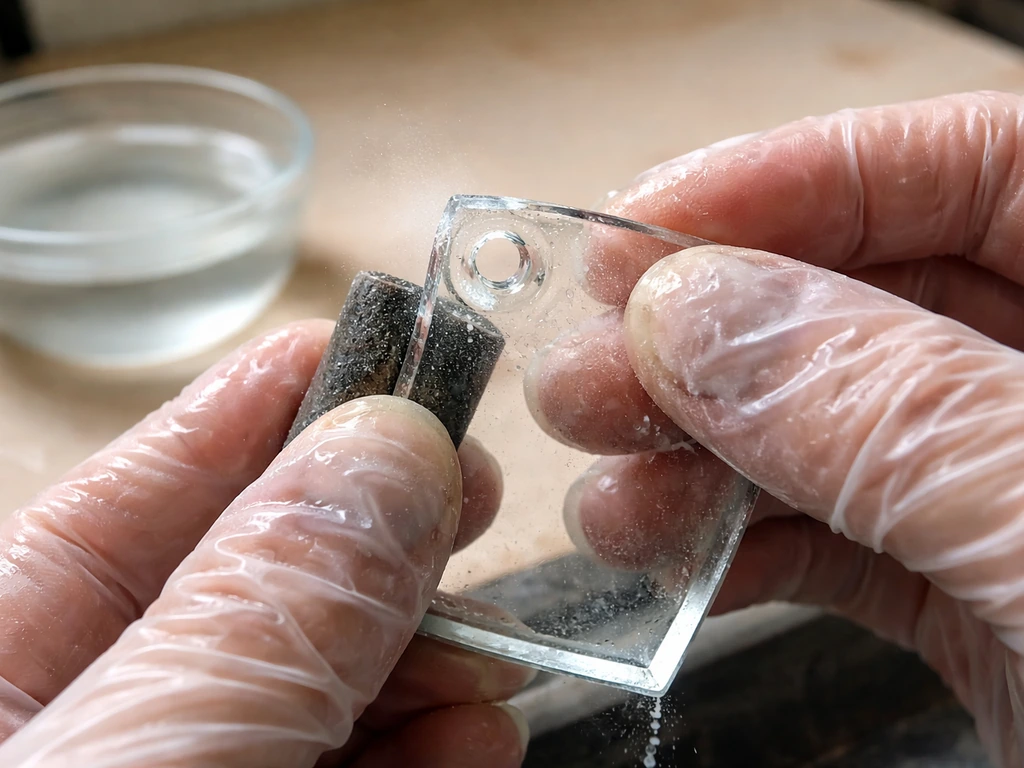 Hands in protective gloves sanding a drilled glass edge with a wet grinder for smooth edges.