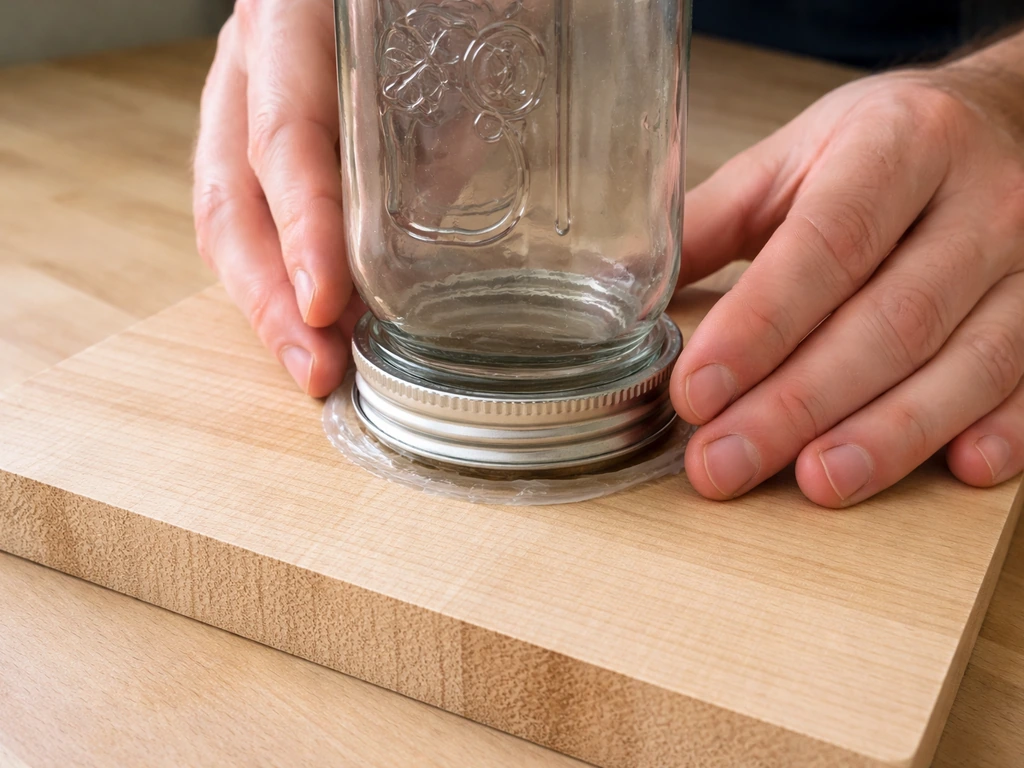 Inverted mason jar aligned over a central hole in a wooden tray with adhesive ready to cure