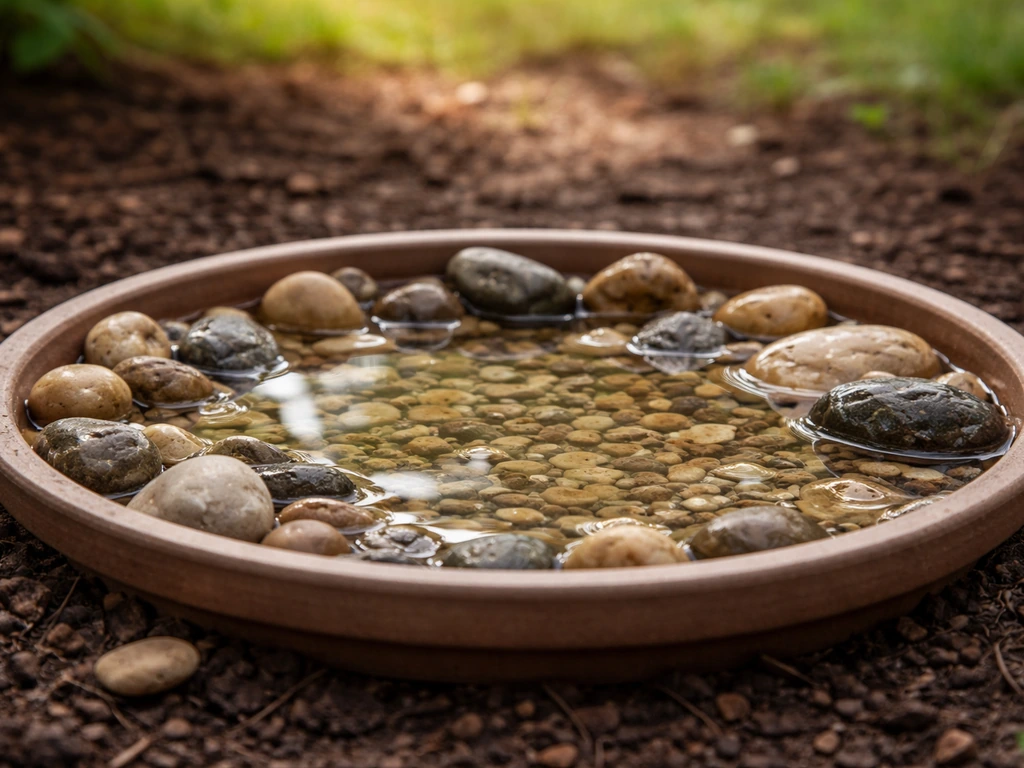 Close-up of a shallow bird water tray with pebbles keeping water safe for small birds