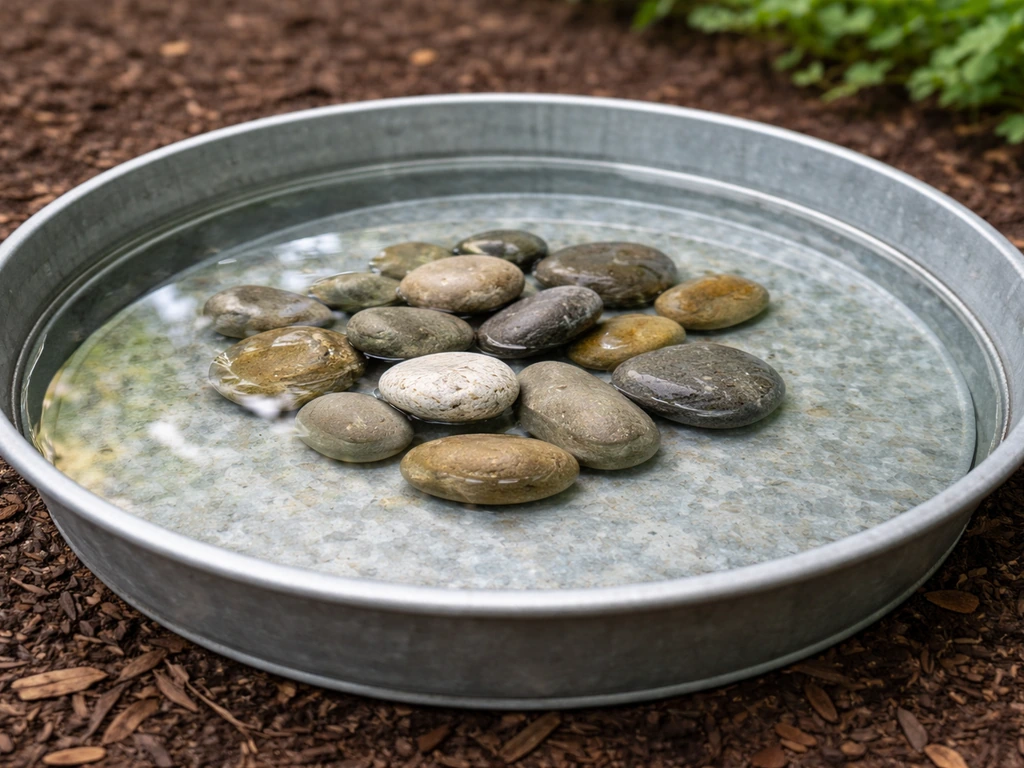 Bird bath tray with lower water level and extra stones to stop water spilling over the edge.
