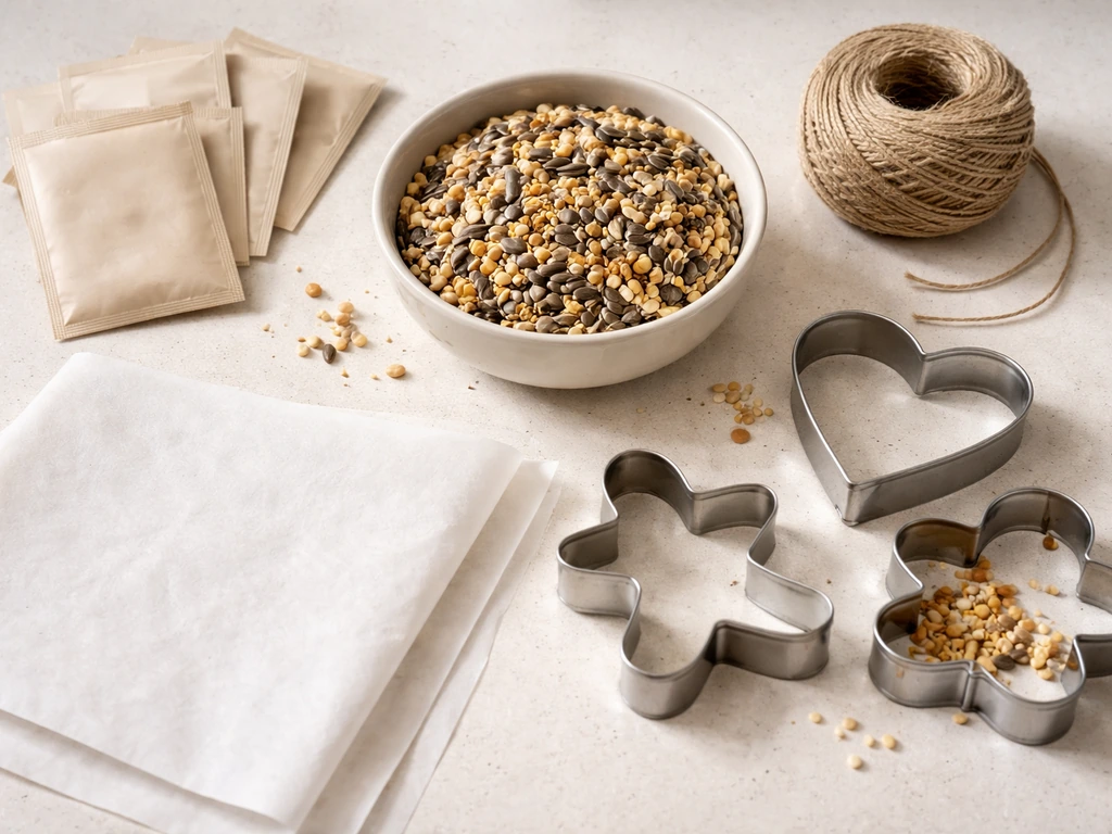 Flat-lay of gelatin packets, bird seed, parchment, cookie cutters, and twine for making bird feeders.