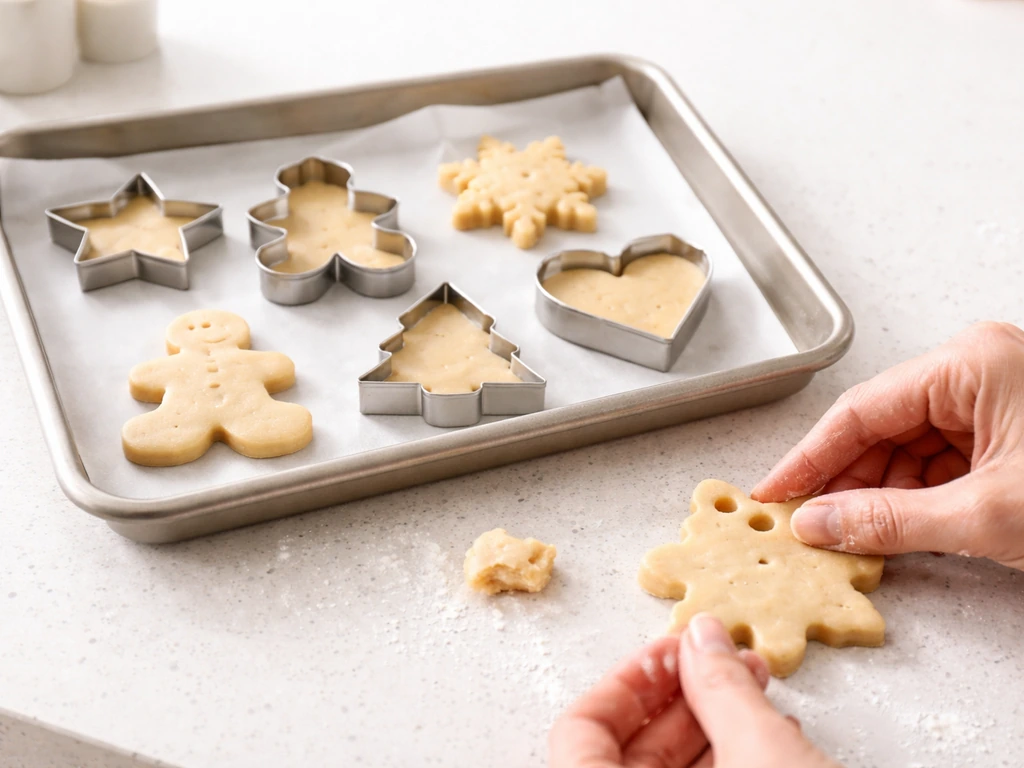 Hands pinching dough to form hanging holes on molded cookie ornaments in a lined tray.