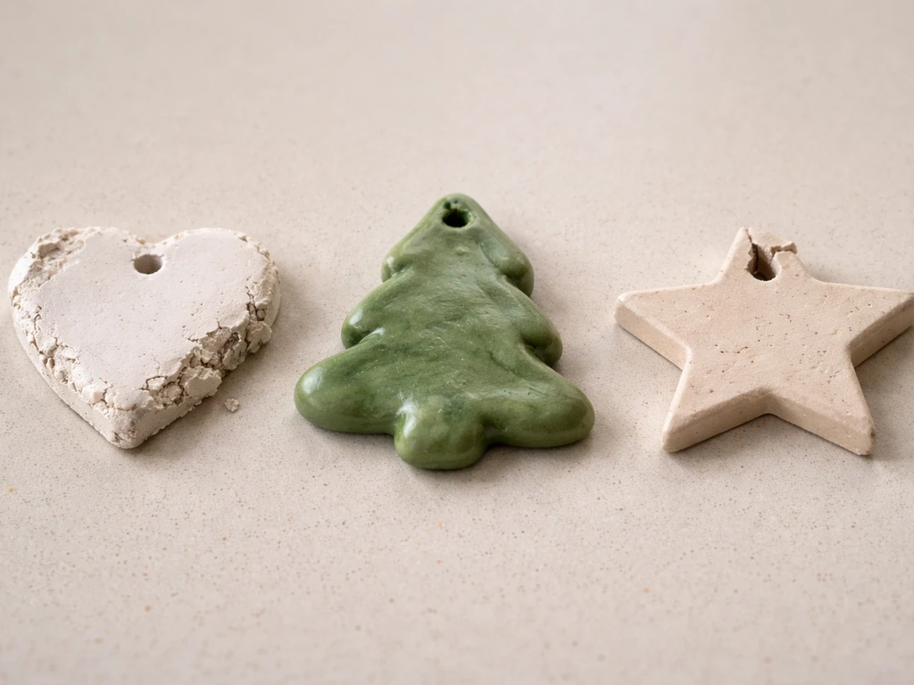 Three small handmade clay ornaments showing crumbly edges, sun-softened sagging, and breaks at the hole