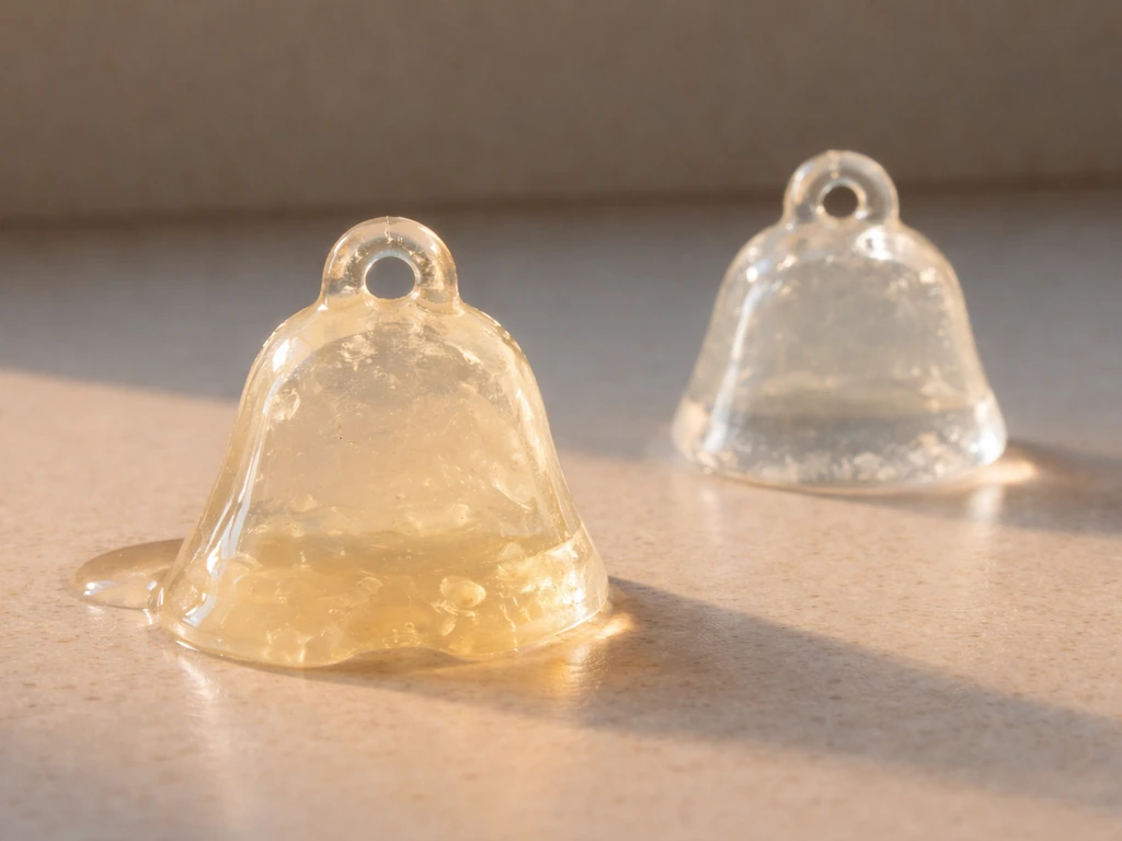 Sunlit gelatin ornament sagging beside a cooler-weather batch with firmer texture.