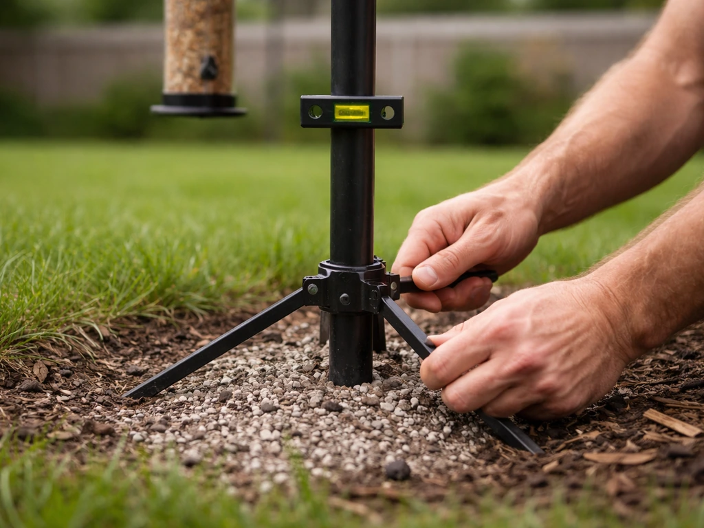Yard scene leveling a bird feeder pole; bubble level centered as wobble is corrected at the base.