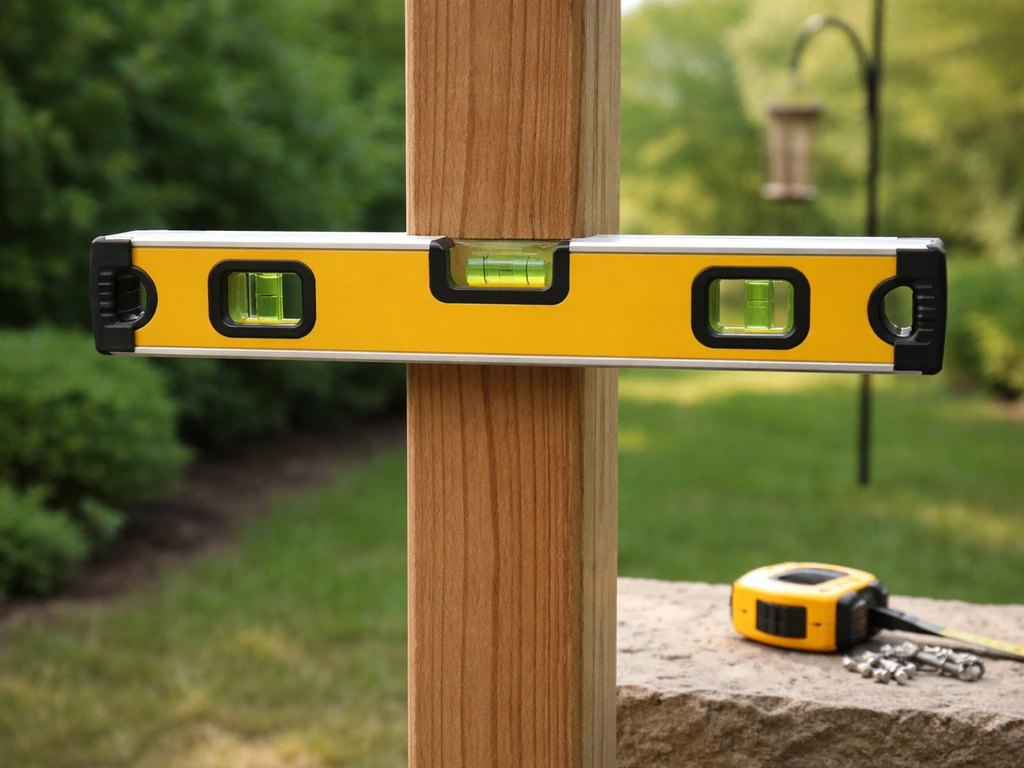4-foot bubble level resting on a bird feeder pole with tape measure and screws nearby.