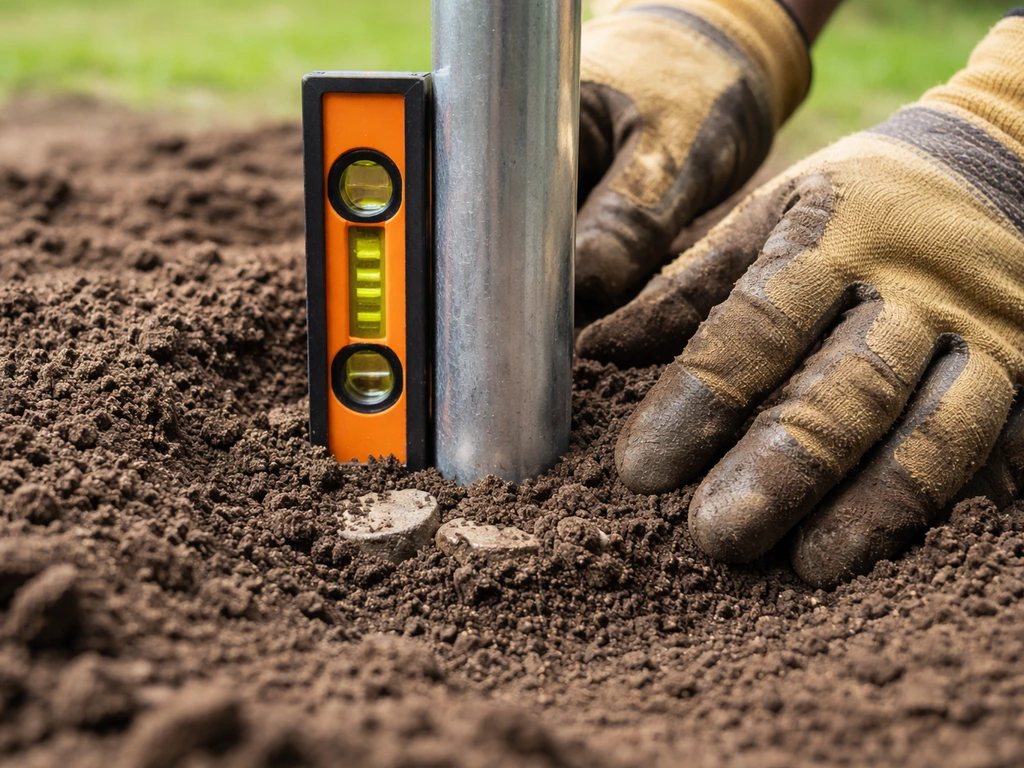 Close-up of soil packed around a metal stake/base while leveling an outdoor pole