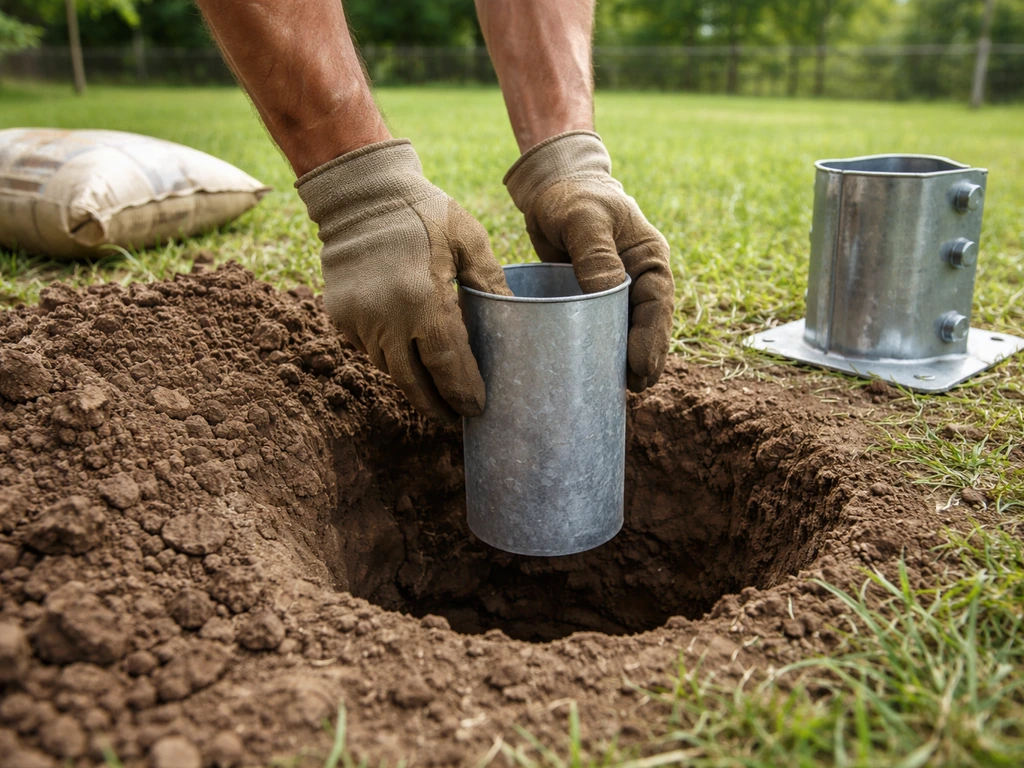 Hand holding a concrete sleeve form near an upright metal ground pole in an open windy yard