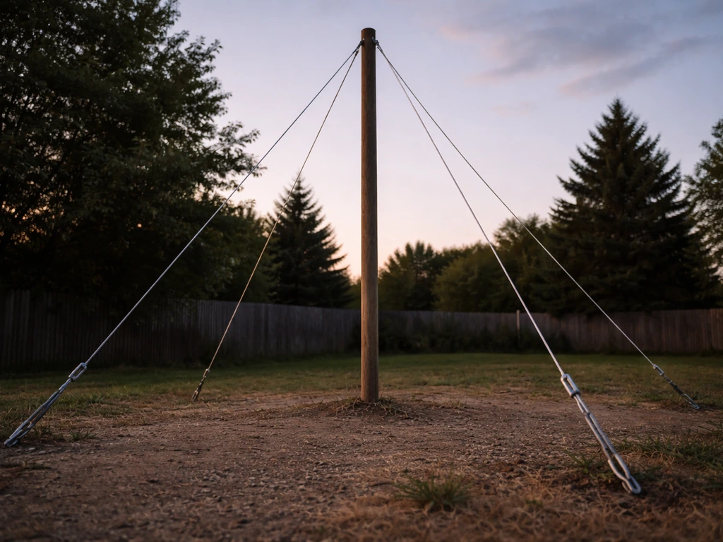 Taut stainless guy wires from a tall pole anchored to ground stakes to prevent wobble.