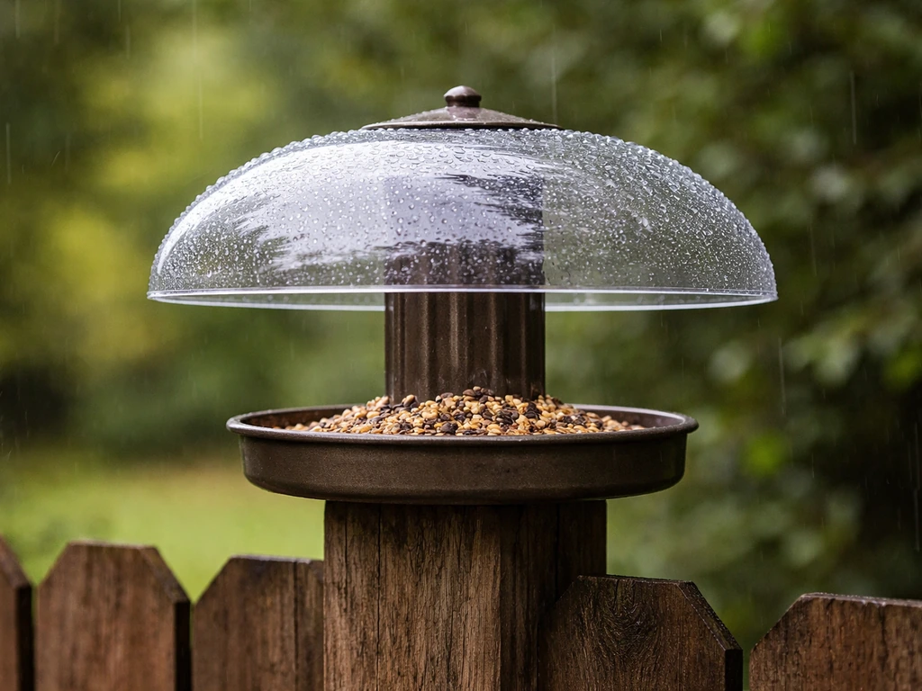 Rain-proof bird feeder with clear rain guard overhang protecting dry bird seed outdoors.