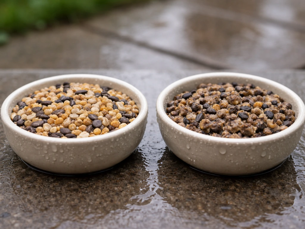 Side-by-side bowls of dry loose bird seed and wet clumped seed with droplets under rainy light.