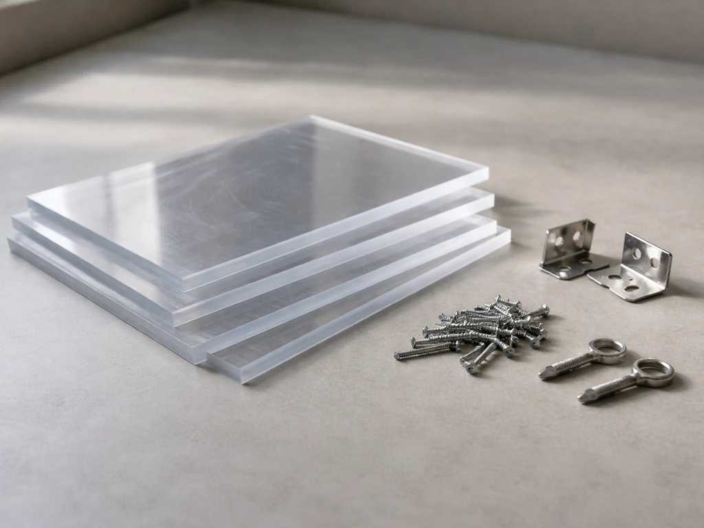 Clear polycarbonate and acrylic sheet pieces with metal hinge brackets and mounting screws for a DIY rain guard