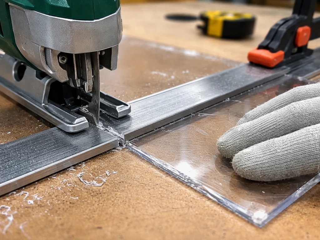 Gloved hand steadies clear polycarbonate as a jigsaw cuts along a straightedge on a workbench.