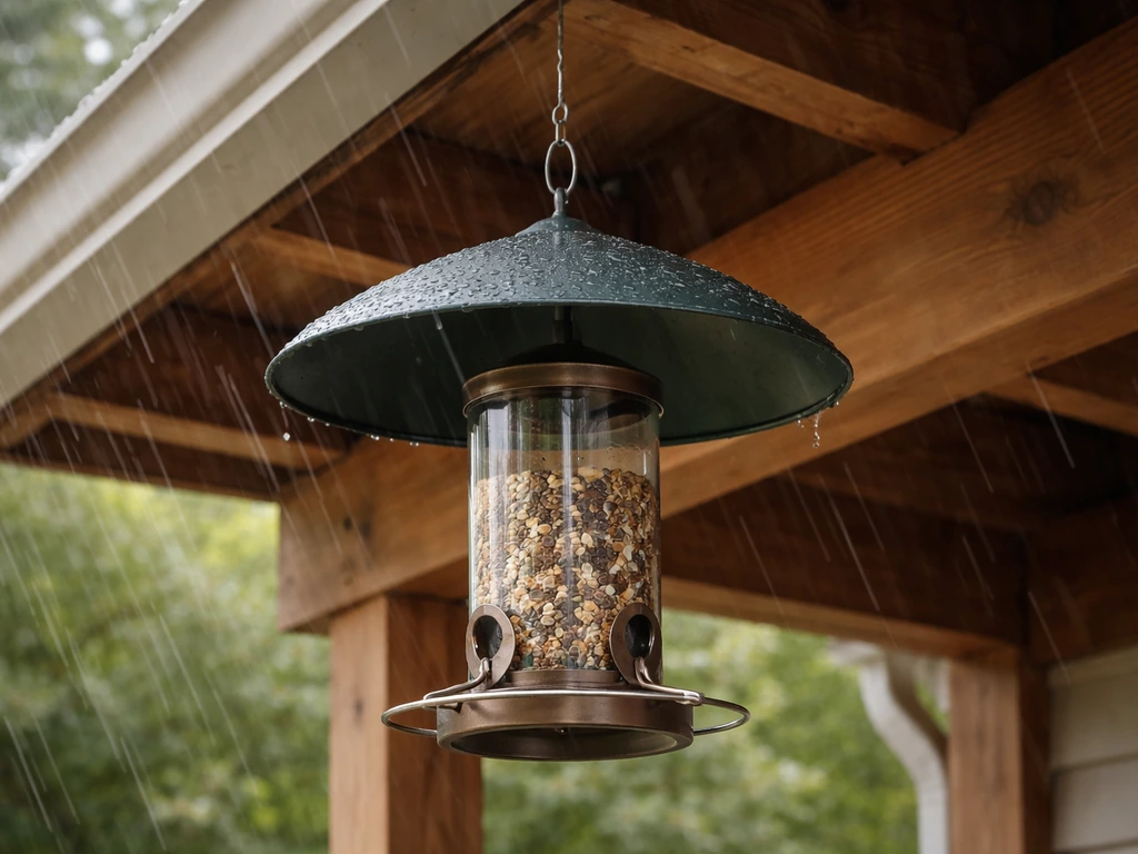 Bird feeder hanging under a porch eave with rain guard angled to block overhead and wind-driven rain.