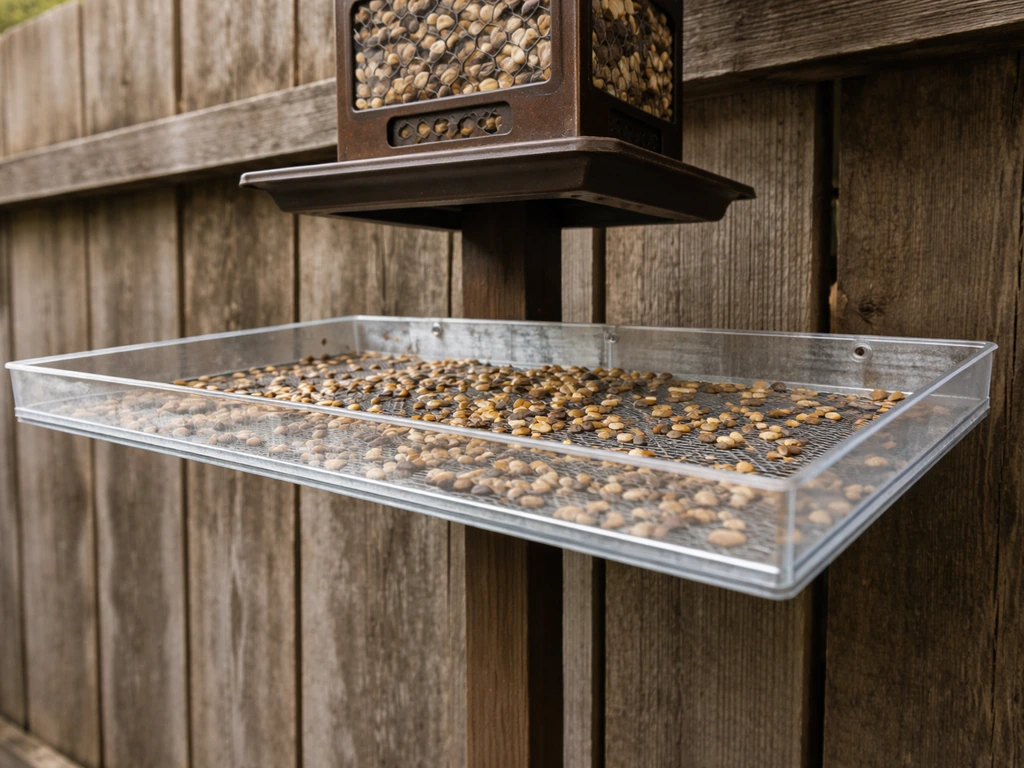 DIY bird seed catcher tray mounted under a feeder, catching seeds and hulls on a backyard fence.