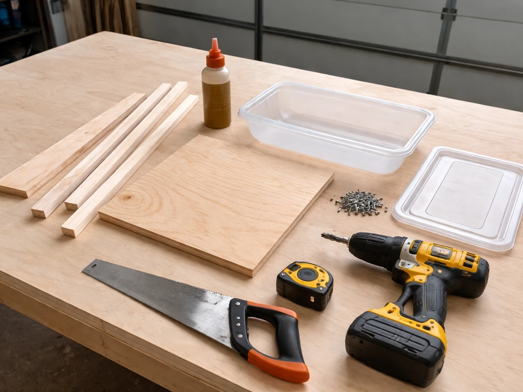 DIY materials and tools on a garage workbench: plywood scrap, wood strips, hardware, drill, saw, measuring tape.