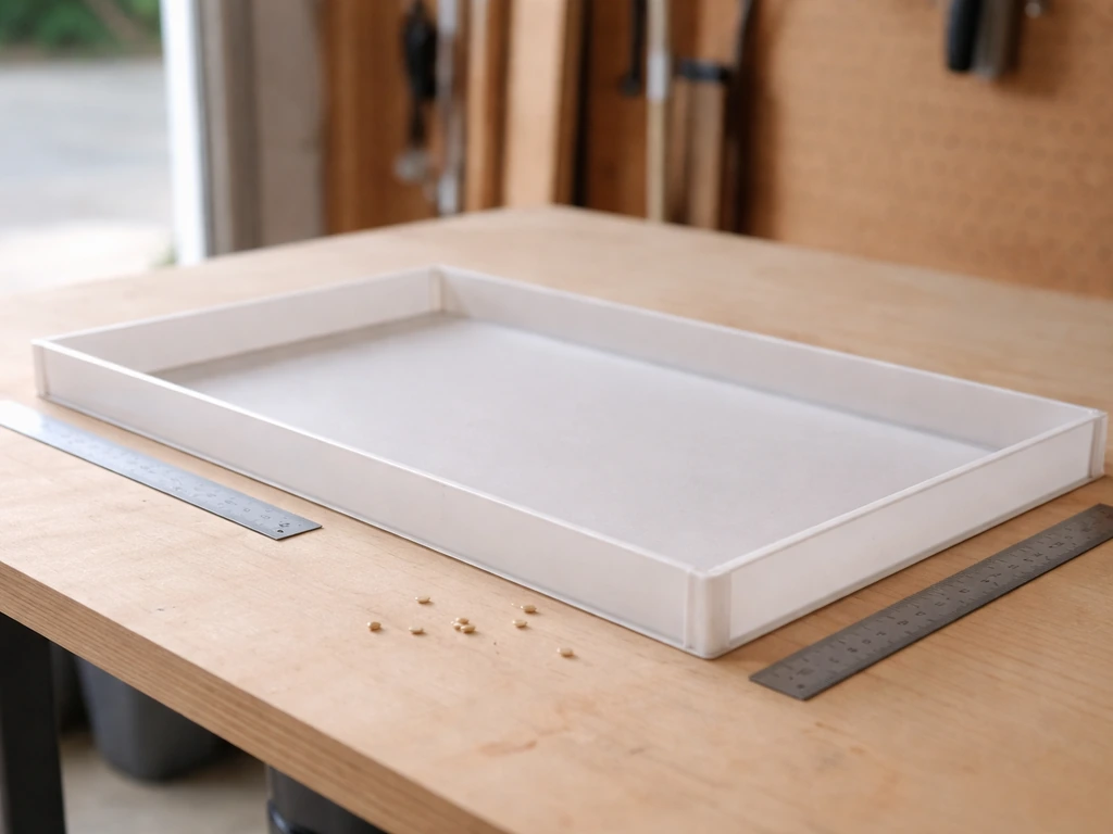 Workbench with an empty tray, rulers showing width and sidewall height, and small seed-like pellets nearby.