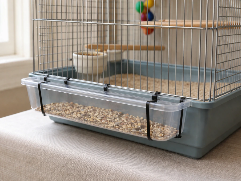 Shallow plastic seed tray zip-tied to bird cage bars beneath the food area