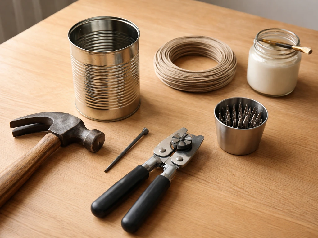 Tools and materials laid out on a wooden table for a tin can bird feeder.
