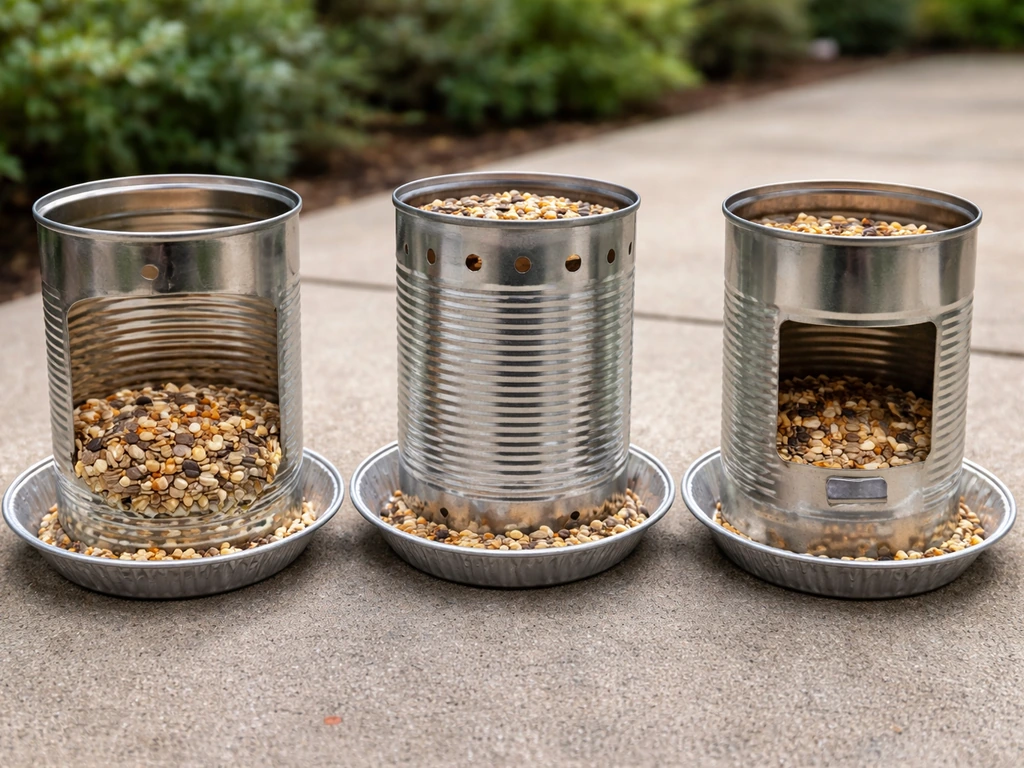 Three tin can bird feeder designs side-by-side: open seed-cup, punched-hole, and cut-port with visible openings.