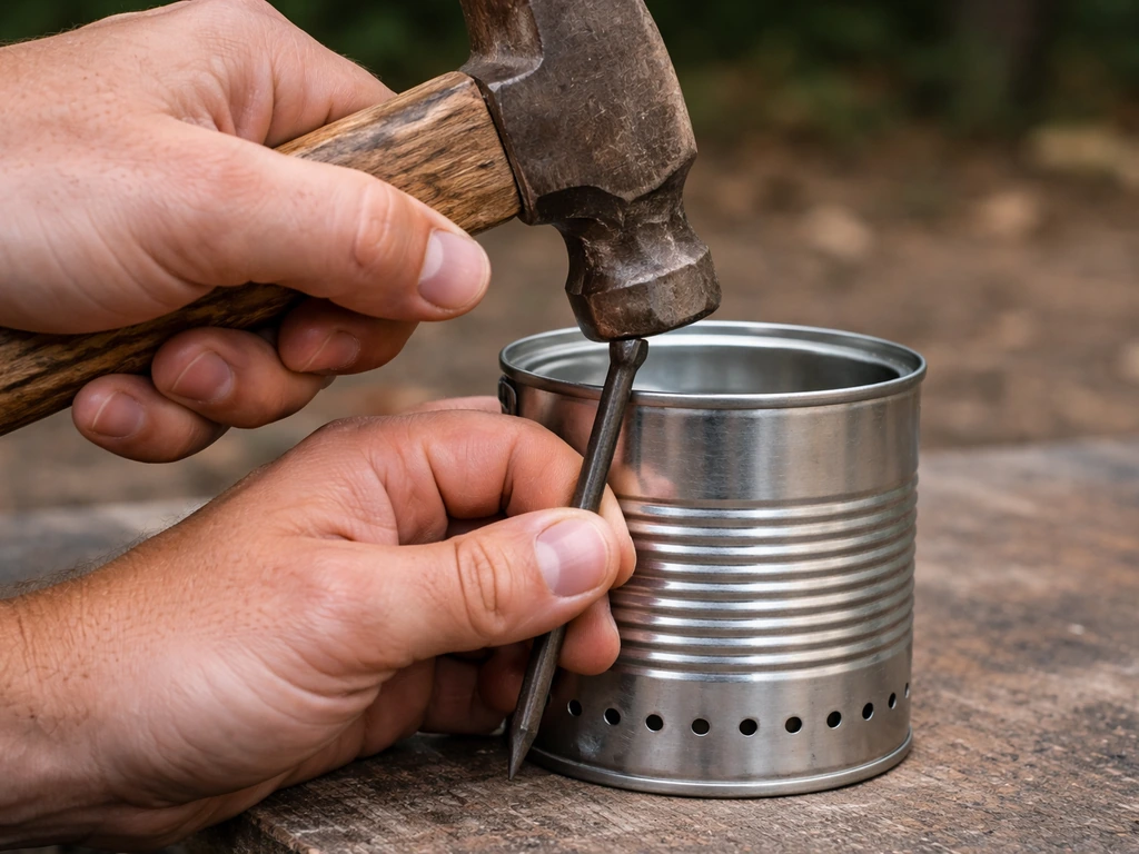 Close-up of a hammer and nail punching holes around the lower third of a small metal can.