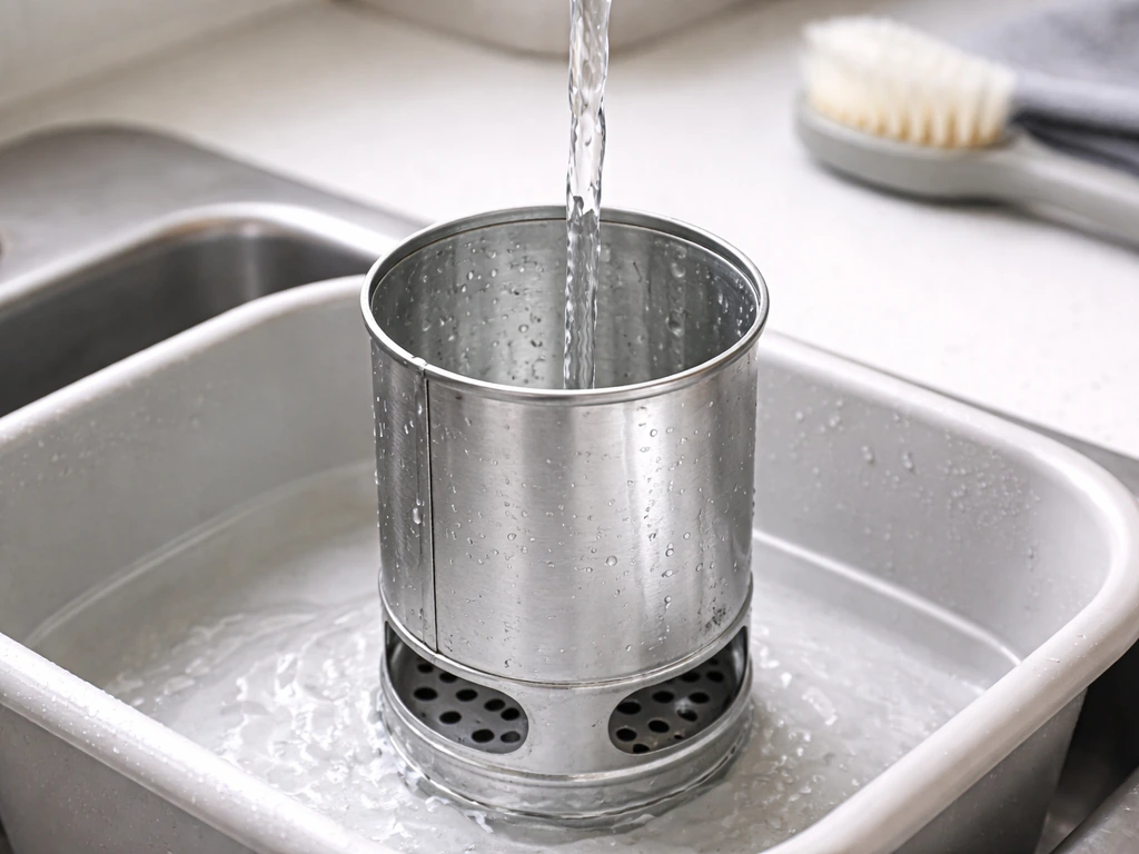 Close-up of a bird feeder can being rinsed and soaked, showing a clean interior