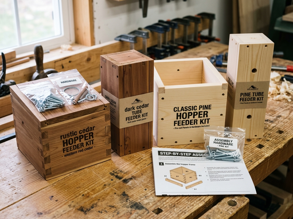 Two DIY wood bird feeder kit styles (hopper and tube) with hardware and wood pieces visible
