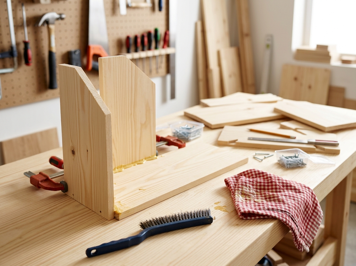 Clamped wood joints being glued for a DIY bird feeder kit
