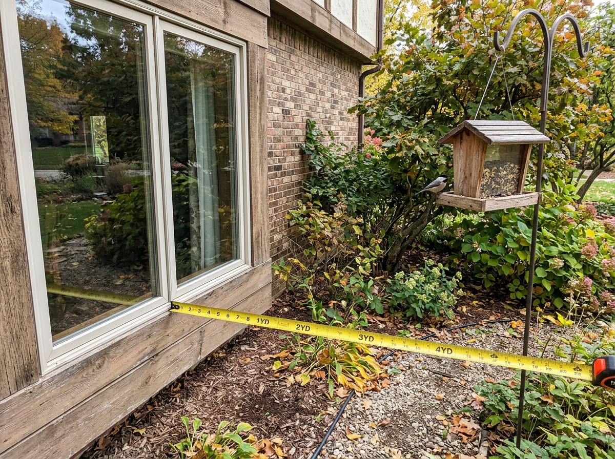 Measuring distance from a window to position the bird feeder away from strike zone