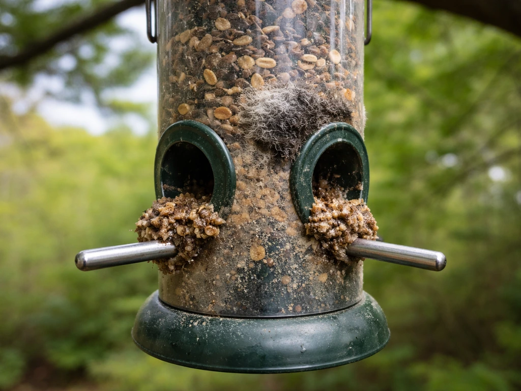 Close-up of an outdoor bird feeder with wet clumped residue and suspected mold on the rim.