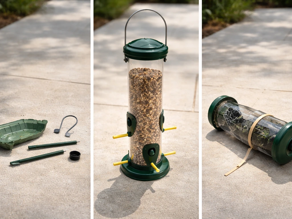 Three damaged bird feeders shown side-by-side: repairable parts, a replacement feeder, and a retired feeder.