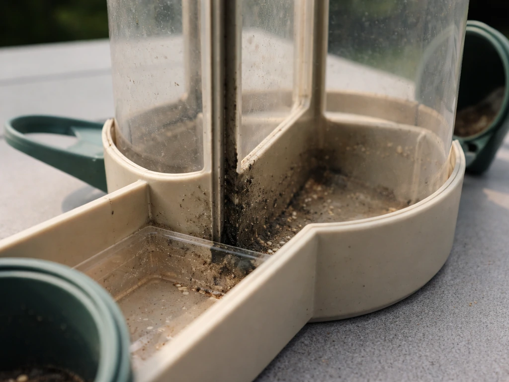Close-up of a mold-trapped bird feeder with hard-to-reach seams and an unreachable internal chamber.