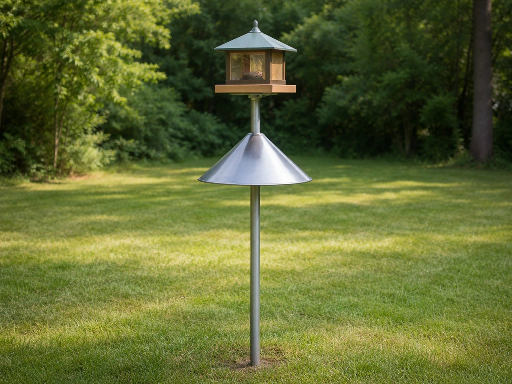 Smooth metal pole with a cone baffle and a bird feeder mounted outdoors at squirrel-proof height.