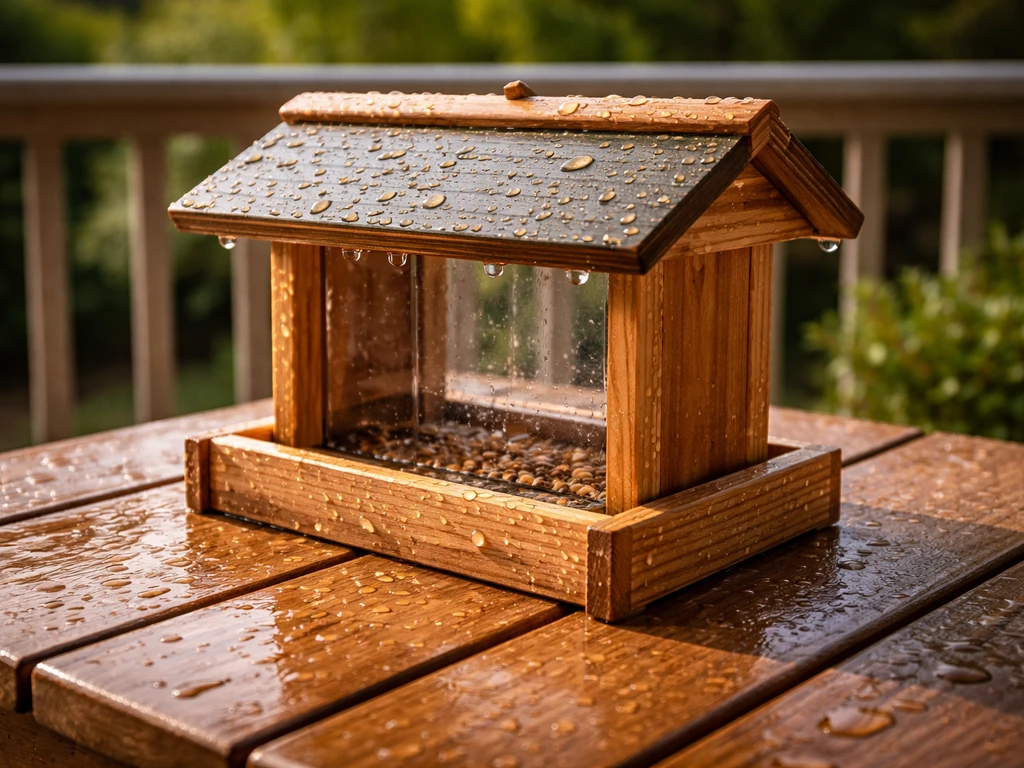 Close-up of a wooden bird feeder outdoors with fresh water beading on newly sealed wood